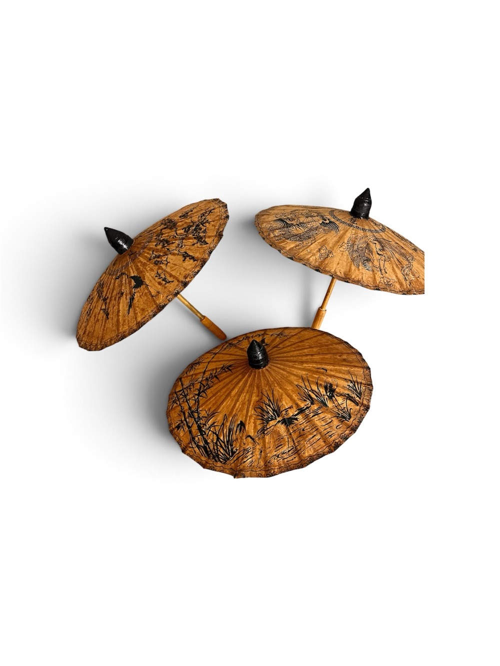 3 Set Vintage Japanese Umbrella Decorative  Parasol HandCrafted Wood & Paper